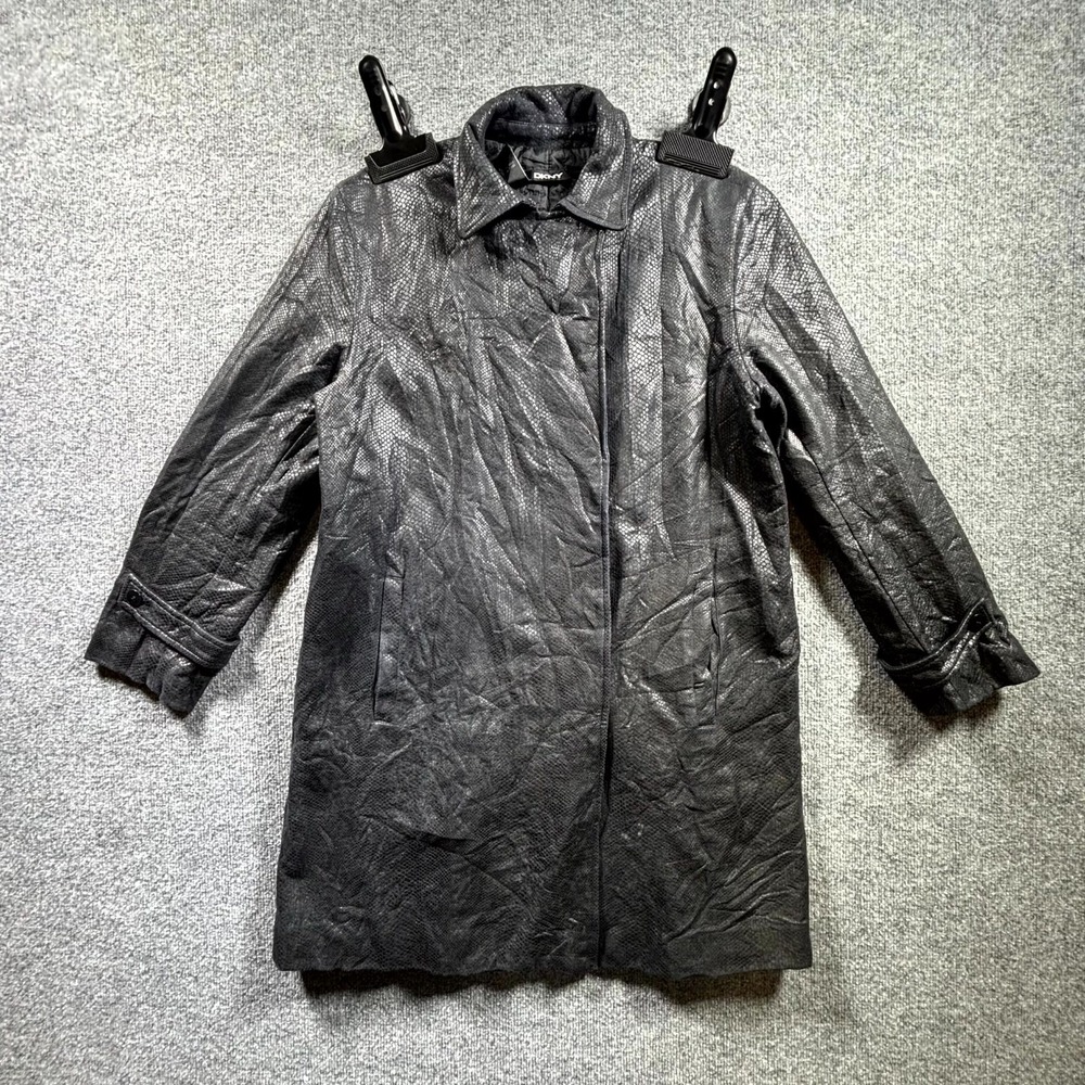 DKNY Trench Coat Women Medium Black Snakeskin Print Cotton Quilted Lined Outdoor